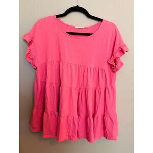 Easel Tired Babydoll Pull On Scoop Neck Ruffled Short Sleeve Blouse Pink L